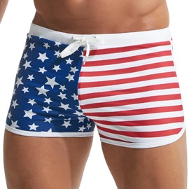 PINKY SENSON Men's Square Leg Fourth of July Swim Trunks Adjustable Drawstring American Flag Swimwear Jammers Stars XL