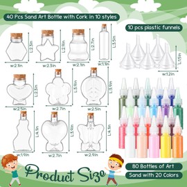 Baderke 130 Pcs Plastic Sand Art Bottles with Corks Kit Include 40 Sand Art Bottles in 10 Styles, 80 Art Sand in 20 Colors and 10 Funnels, Clear Containers for Sand Art Wedding Invitations Art Crafts