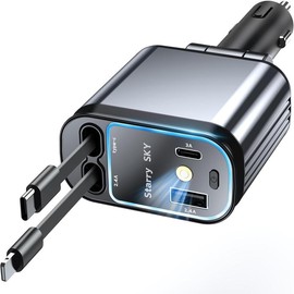 Fast Car Charger 4 in 1 Retractable Car Charger 69W with Starry Light,USB-C Fast Car Accessories,Compatible with All iPhones All Android Phones Accessories Adapter(Lightning+USB-C)