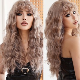 Allbell Long Brown Blonde Wigs for Women,Body Wave Wigs,Wig with Bangs, Synthetic Wig,Heat Resistant Wigs with Highlights for Daily Use Party