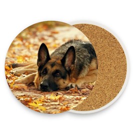 Vibiliyou A Set of 4 German Shepherd Dog Partten Absorbent Drink Coasters,Made of Round Ceramic Stone with a Cork Base,Ideal for Wooden Tables,and Perfect as a Housewarming Gift