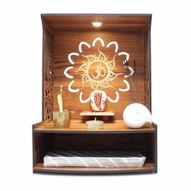 Heartily® Laabh Beautiful Wooden Pooja Stand for Home Pooja Mandir for Home Temple for Home and Office Puja Mandir for Home Wall Mounted with LED Spot Light Size (H- 15.5, L- 11.5, W-11 in)