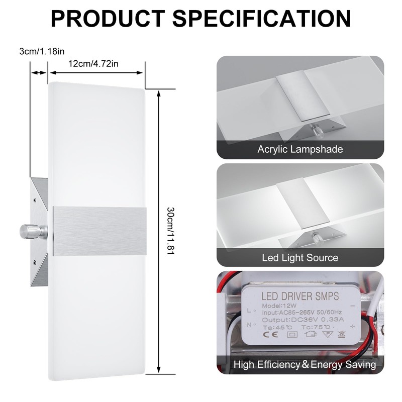 ChangM Modern Wall Sconces Set of Two, 12W Acrylic Led