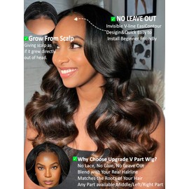 KLAIYI Ombre Brown V Part Wig Body Wave Human Hair Upgrade U Part Wig with Dark Roots Glueless Chestnut Brown Clip in Half Wig No Glue No Leave Out Beginner Wigs for Women Wear and Go Wig 150% 18Inch
