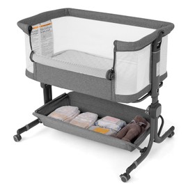 HONEY JOY Baby Bassinet Bedside Sleeper, Easy Folding Portable Crib for Baby with Wheels, 6 Adjustable Heights, Storage, Mattress & Carry Bag, Bed Side Bassinet for Infant Newborn (Gray)