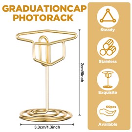 mekueeex 60 Pcs 2 Inch Grad Cap Graduation Picture Display Gold Photo Holders for Centerpieces Graduation Table Number Holders Card Stands for Class of Grad Party supplies(Cap)