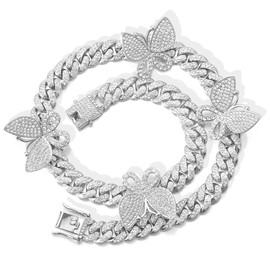 EMESLY Solid Miami Cuban Link Chain Gold/Silver/Rose Gold Butterfly Necklace (20 Inches Length) Hip Hop Bracelet (8" Length) for Men & Women; Perfect Iced Out Bling Jewelry Gift Set, 20.0 Inches,