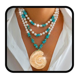 Yalice Pearl Layered Necklace Boho Conch Seashell Pendant Necklace Chain Turquoise Strand Statement Choker Necklaces Jewelry for Women (Gold)