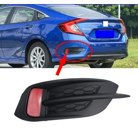 Replacement LH Rear Bumper Reflector and Grille Cover Tail Bezel Lens Driver side For 2016 2017 2018-2021 HONDA CIVIC SEDAN Reflex Lamp Housing, Red and Black