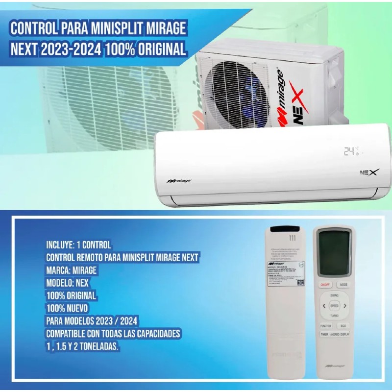 Control Para Minisplit Mirage Nex 2023/2024 100% Original Blanco