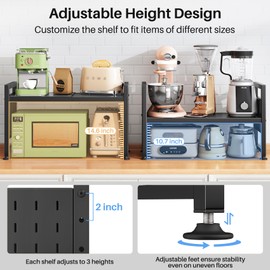 Expandable Microwave Stand Countertop, 2-Tier Adjustable Microwave Oven Rack with 8 Hooks & 2 Holders, Heavy Duty Carbon Steel Microwave Shelf for Kitchen Counter Organizer and Storage, Holds 120lbs