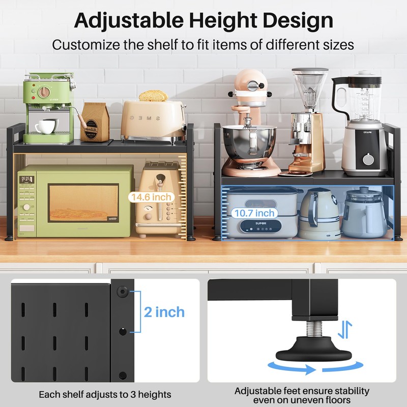 Expandable Microwave Stand Countertop, 2-Tier Adjustable Microwave Oven Rack with