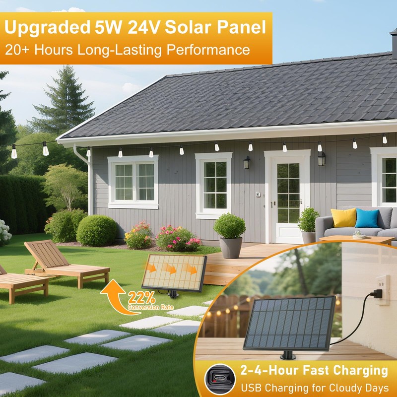 100FT Outdoor Solar String Lights with Remote, USB Rechargeable LED
