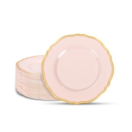 Hioasis 60pcs Pink Plastic Plates - Pink and Gold Disposable Plates, 7.5 inch Plastic Dessert Plates, Perfect for Wedding & Party & Thanksgiving