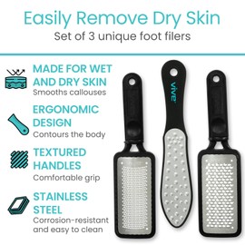 Vive Foot File (3 Pack) - Feet Scraper for Dead Skin - Heel Grater, Callus Remover Scrubber Tool, Rasp for Cracked Heels - Stainless Steel Pedicure Filer for Men & Women - Use on Wet or Dry Skin