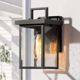 Black Outdoor Wall Lights, Farmhouse Exterior Wall Sconces Light Fixture with Seeded Glass, Modern Square Waterproof Lanterns for Front Door, Entry, Porch, Patio, and Gazebo
