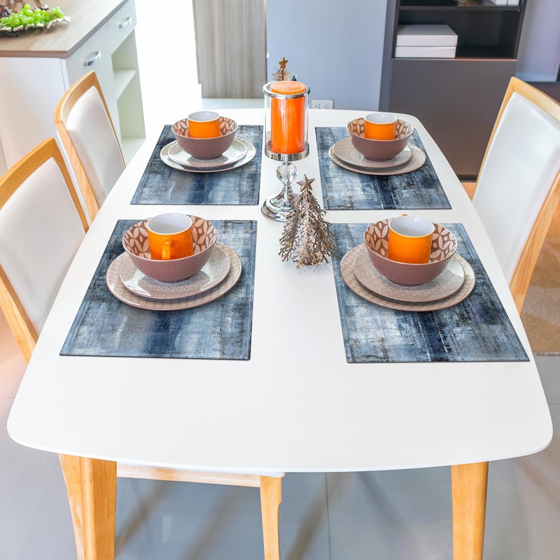 Blue and Gray Placemats Washable, Linen Rectangular Place Mats Set