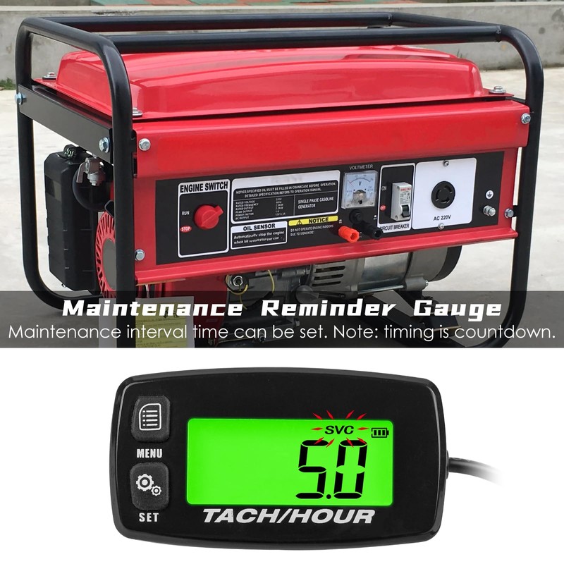 NInE-ROnG Self-Powered Tacho/Hour Meter,Built-in Replaceable Battery,Ajustable Backlight,Waterproof Tachometer for Gas