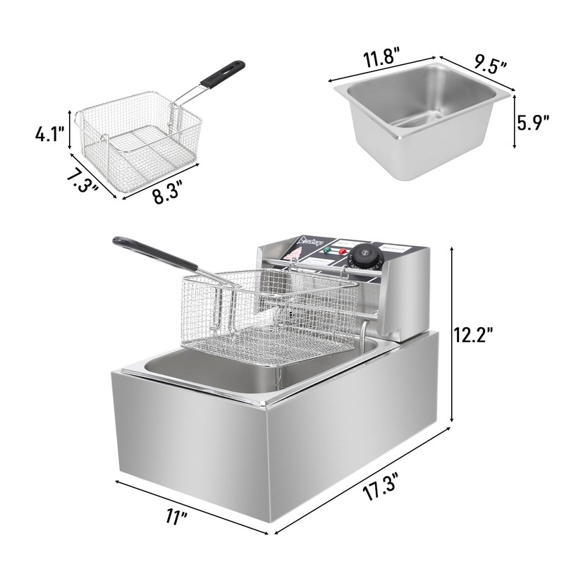 Stainless Steel Deep Fryer, 6.3QT/6L Capacity, 2500W, Temperature Range 140℉-392℉,