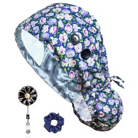 ORKSEA Satin Lined Scrub Caps with Buttons Sweathand Nurse Surgical Bouffant Adjustable Hat Ponytail Working Long Hair