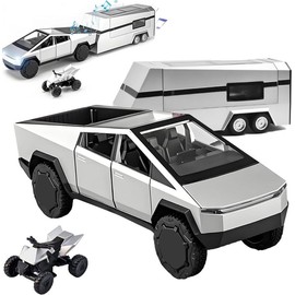 1/32 Pickup Trailer Model Kit with Vehicles Sound/Light/Pull Back Power,Truck Toy,Car Toy with RV,Beach Motorcycle Cyber and Truck,  Gifts for Kids/Adults Birthdays,Aged 3-6 and Up - Silver Trailer RV Kit Diecast Collectible Diecast Wheels:_3in1 grey