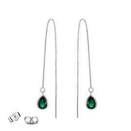 Emerald Green CZ Tear Drop Threader Earrings Long Sterling Silver Box Chain Tassel, White Rhoium Plating