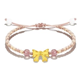 LIU JUN Bow Bracelet For Women, Gold Bowknot Strawberry Quartz Bead Two-Tone Hand Rope Braided Inspirational Adjustable Lucky Gift Jewelry (Pink Yellow Gold)