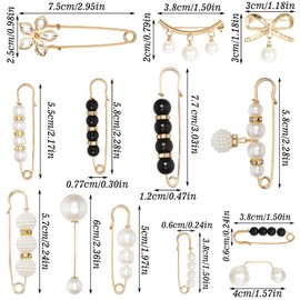 Tyqour 13 Pieces Pearl Crystal Brooch Safety Pins, Pant Waist Tightener Pins Pearl Brooch Button Pin for Clothes Sweater Shawl Collar Dress Cardigan Shirt Jeans Accessories for Women Girls
