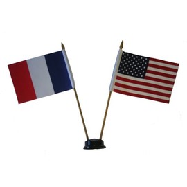 USA & FRANCE Small 4 X 6 Inch Mini Double Country Stick Flag Banner with BLACK STAND on a 10 Inch Plastic Pole .. New