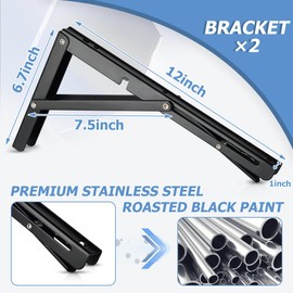 2PCS Folding Shelf Brackets, 12 inch Heavy Duty Stainless Steel Shelving Brackets, Wall Mounted Triangle Folding Shelf Bracket for Folding Bench, Work Table, DIY Bracket, Black