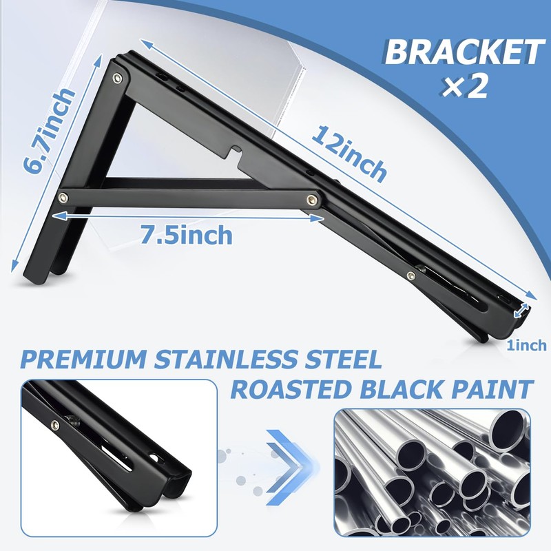 2PCS Folding Shelf Brackets, 12 inch Heavy Duty Stainless Steel