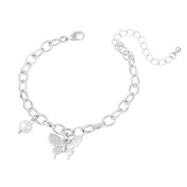 Butterfly Initial Bracelets for Women, 16K Gold Plated Thick Chain Pearl Inlaid Zircon Pendant CuteJewelry Charm Bracelet, One Size, Copper, Cubic Zirconia