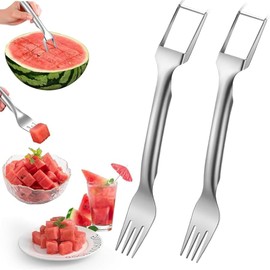 MUESO Stainless Steel Watermelon Cutter – Dual-Head Slicer and Fork Tool, Summer Fruit Cutting Tool for Home Kitchens (2-Pack)