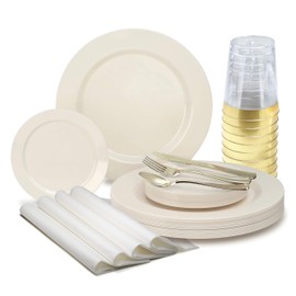 " OCCASIONS " 280pcs set (40 Guests)-Heavyweight Wedding Party Disposable Plastic Plate Set-40 x 10.5'' + 40 x 6.25'' + Gold Silverware + Cups + Napkins (Plain Ivory)