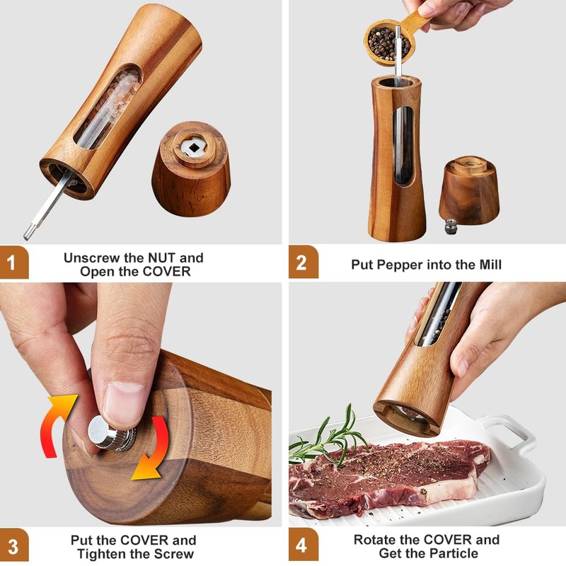 Wooden Salt and Pepper Grinder Set with Tray, 8 Inch