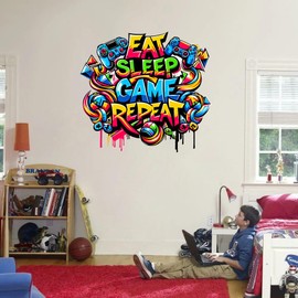 XUOIAYNB Watercolor Eat Sleep Game Repeat Wall Stickers (20.9”x 22.4”),Video Gaming Vinyl Wall Decals for Game Lover, Removable Game DIY Wall Art for Boy Bedroom Playroom Decor