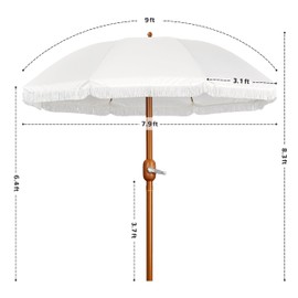 Yaheetech 9ft Patio Umbrella with Tassels, Fringe Portable Beach Umbrella, Umbrella Outdoor Patio with Crank Operating Mechanism, Tilting Aluminum Pole, Fiberglass Ribs For Garden, Pool, Cream