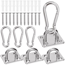 Keadic 24pcs M8 304 Stainless Steel Eyes Plate Marine Hardware Hooks and Snap Hook with Screws, Heavy Duty Staple Hook Loop for Ceiling & Wall Mount Hanging(Square)