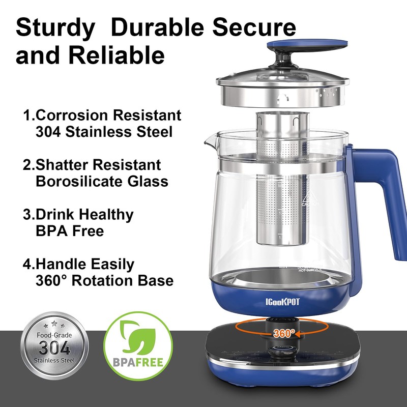 ICOOKPOT Electric Kettle, 1.5L Borosilicate Glass Hot Water Kettle Electric