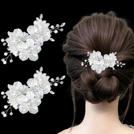 2Pcs Flower Bride Wedding Hair Clip Silver Piece Pearl Hair Clip Wedding Hair Accessories for Girls and Women Elegant Floral Hair Clips Crystal Fancy Hair Pins Bridal Rhinestone Barrettes Accessories