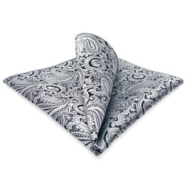 SHLAX&WING Men's Silver Black Paisley Silk Pocket Square, 12.6 x 12.6 inches (32 x 32