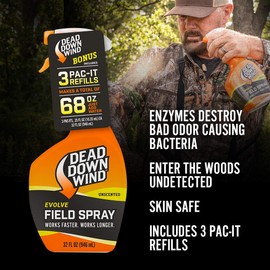 Dead Down Wind Evolve Field Spray 12oz Bottle and 3 Pac-It Refill Unscented Hunting Spray for Odor, Great for Hunting Accessories, Clothes, and Gear