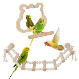 Reshiho Bird Mirror with Perch & 8-Step Bird Ladder for Cage - Natural Wood Toys for Parakeets, Cockatiels (4.7x3.5x5.1in Mirror + 14.6x3.9in Ladder) Cage Accessories Bundled Set