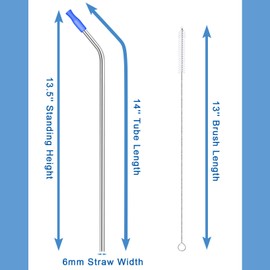 Patelai 10 Pieces 14 Inch Stainless Steel Straw Extra Long Reusable Bent Straw for 100 oz Tumblers with 10 Silicone Tips and 1 Cleaning Brush for Tall Cups, Wide Insulated Travel Mug(Silver)