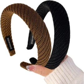CAVLA Wide Headbands for Women,2 Pack Fashion Knitted Hair Bands Wide Brim Elastic Hair Hoops Hair Accessories, Fashion Womens Headband, Solid Color Vintage Headbands for Washing（black+coffee）