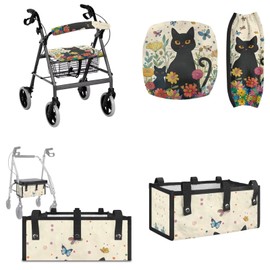 Maiyoinou 3 Pcs Black Cat Rollator Seat Cushion Back Bar Cover Set and Walker Storage Bag with Big Capacity & Never Tipping Over for Seniors in Assisted Living, Beige