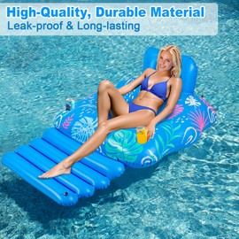 JOSEN Inflatable Pool Lounger Float, Heavy Duty Pool Floats for Adults with Innovative Footrest&Cup Holders, Pool Chair for Swimming Pool, River, Lake & Beach Party- Floral Dream