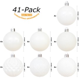 Sea Team 41-Pack Christmas Ball Ornaments with Strings, 60mm/2.36" Medium Size Baubles, Shatterproof Plastic Christmas Bulbs, Hanging Decorations for Xmas Tree, Holiday, Wedding, Party, White