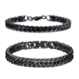 Hernin Men's / Boys' Stainless Steel Curb Chain Bracelet Stainless Steel Black/Silver Men's Bracelets 19/21 cm Stainless Steel Bracelets Curb Chain for Men Boys Dad Son Pack of 2, Stainless Steel