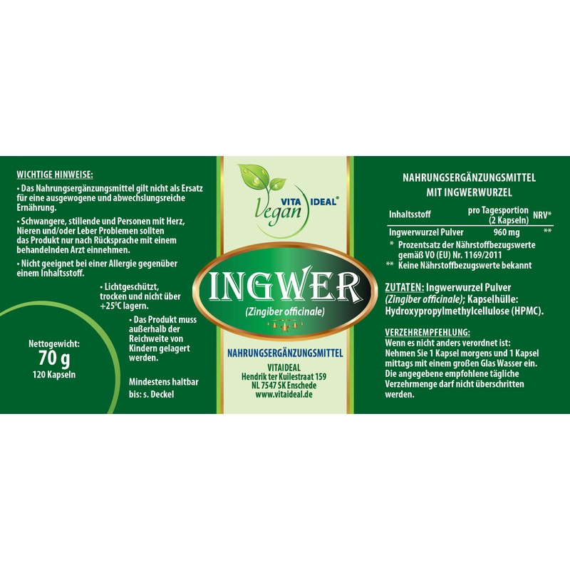 Vitadeal Vegan Ginger 120 vegetable capsules each 570 mg, pure